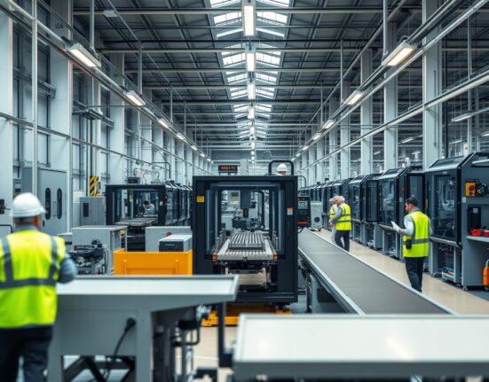 Interior of a modern Italian industrial factory with automated machinery and workers
