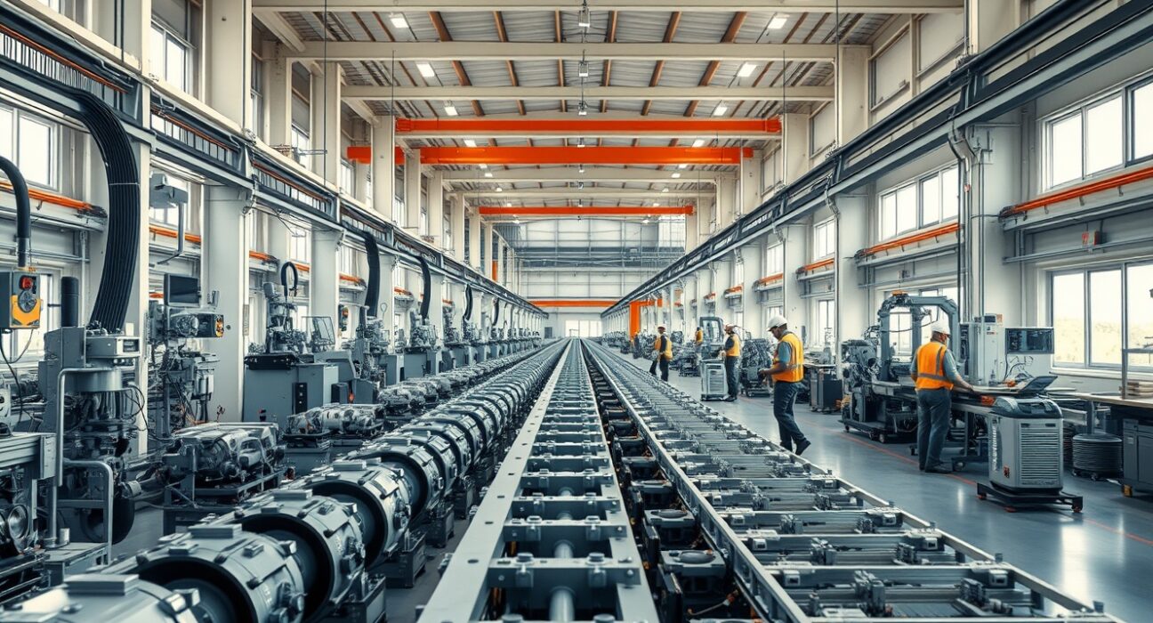 Interior of a modern Italian industrial factory with machinery and workers on the production floor.