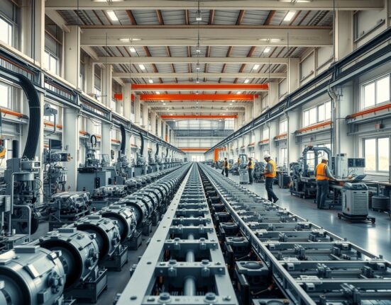 Interior of a modern Italian industrial factory with machinery and workers on the production floor.
