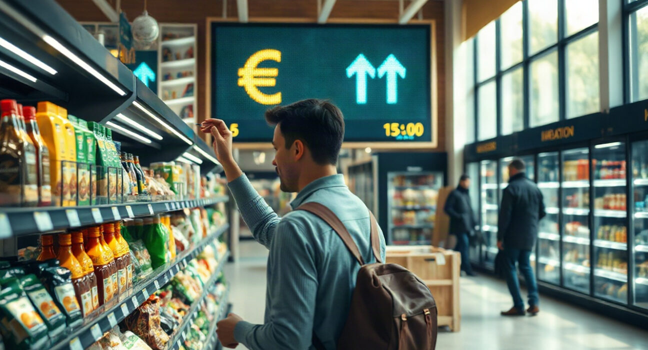 Shopper checking price tags in an Italian supermarket, symbolizing inflation