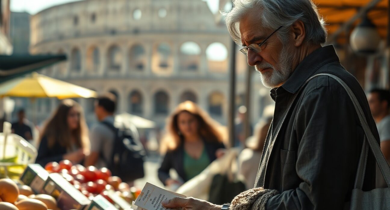 Shopper examining price tags at a market in Rome, reflecting Italy's June inflation rate.