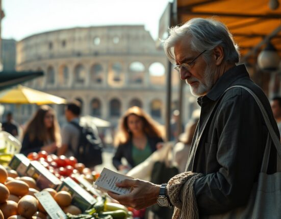 Shopper examining price tags at a market in Rome, reflecting Italy's June inflation rate.