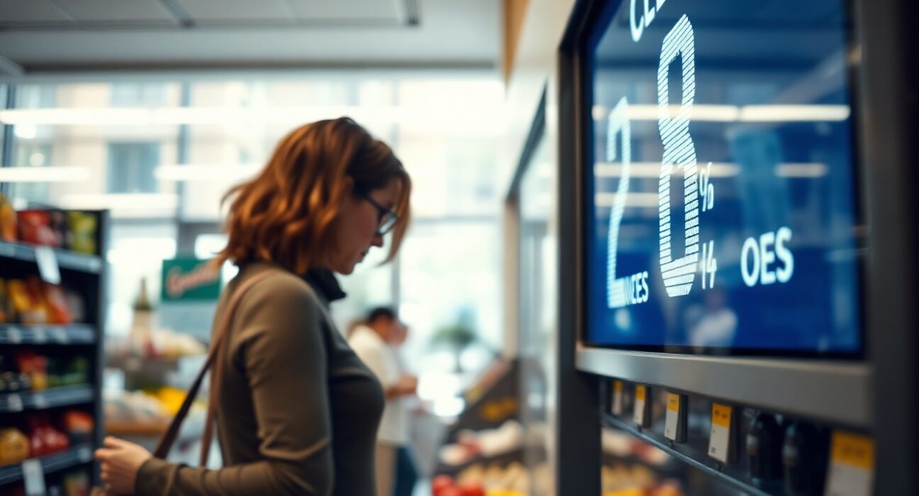 Shopper checking price tag in Italian supermarket as inflation holds at 2.8% in July