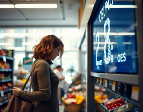 Shopper checking price tag in Italian supermarket as inflation holds at 2.8% in July