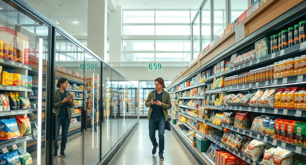 Shopper looking at price tags in an Italian supermarket, illustrating inflation.