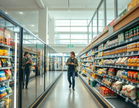 Shopper looking at price tags in an Italian supermarket, illustrating inflation.
