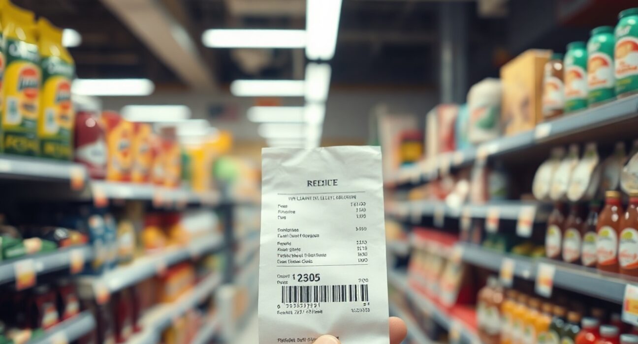 Shopper holding a receipt in an Italian supermarket aisle, illustrating rising consumer prices.