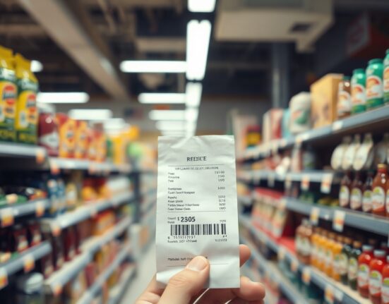 Shopper holding a receipt in an Italian supermarket aisle, illustrating rising consumer prices.