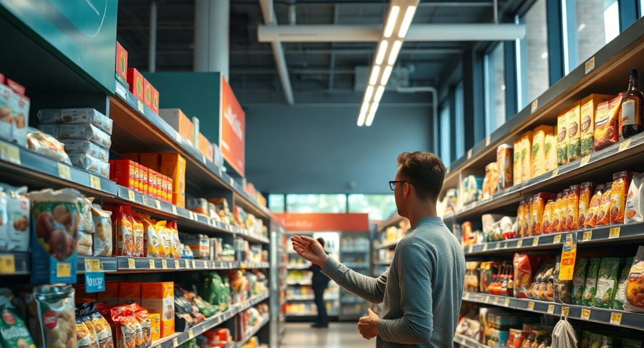 Shopper in an Italian supermarket aisle, with price tags on shelves, illustrating consumer inflation.