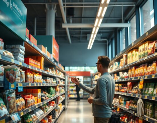 Shopper in an Italian supermarket aisle, with price tags on shelves, illustrating consumer inflation.