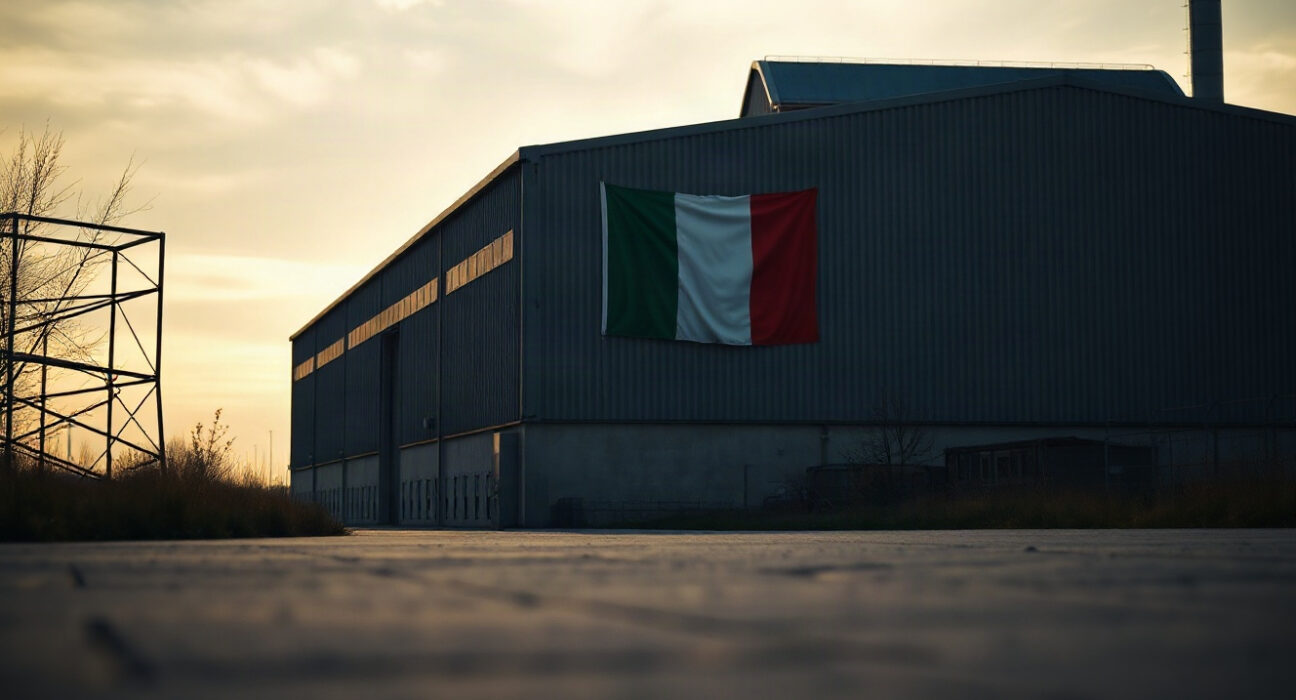 Italian factory exterior at dawn, symbolizing manufacturing activity, with the Italian flag on the building.