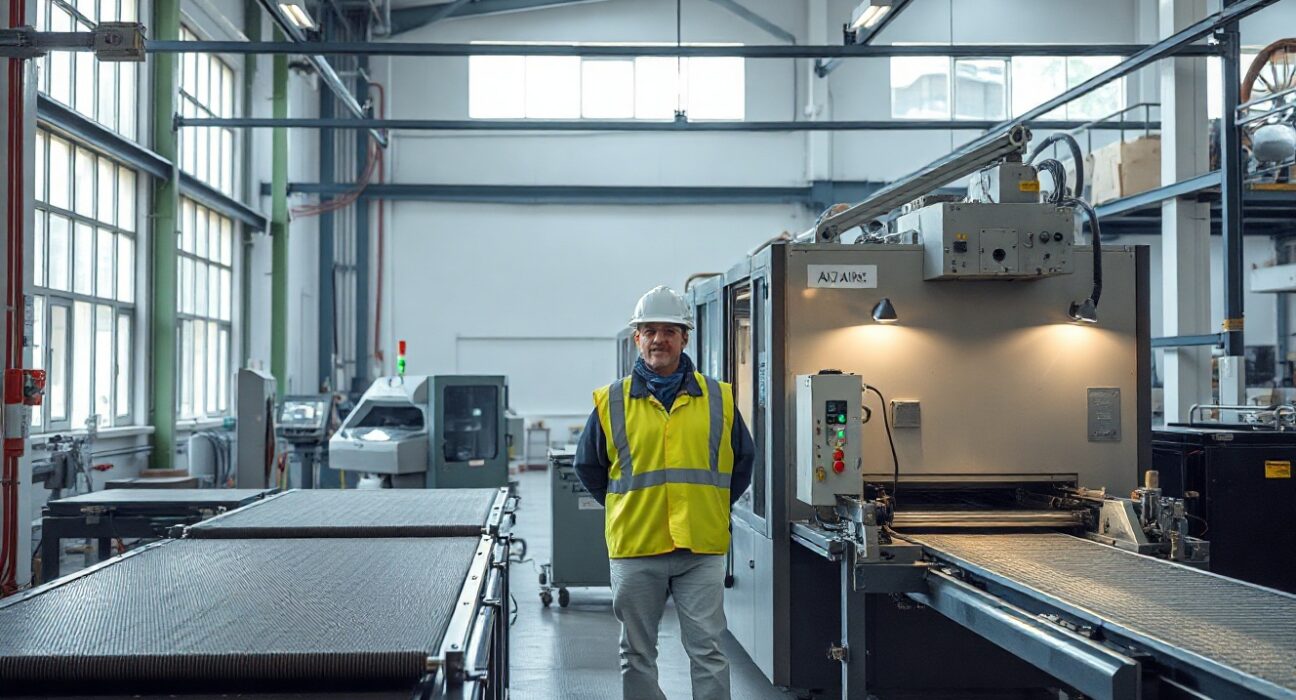 Worker monitoring machinery in an Italian manufacturing plant, representing factory activity and PMI data.