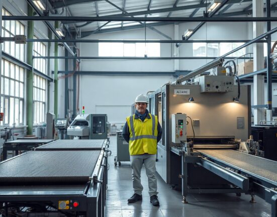 Worker monitoring machinery in an Italian manufacturing plant, representing factory activity and PMI data.