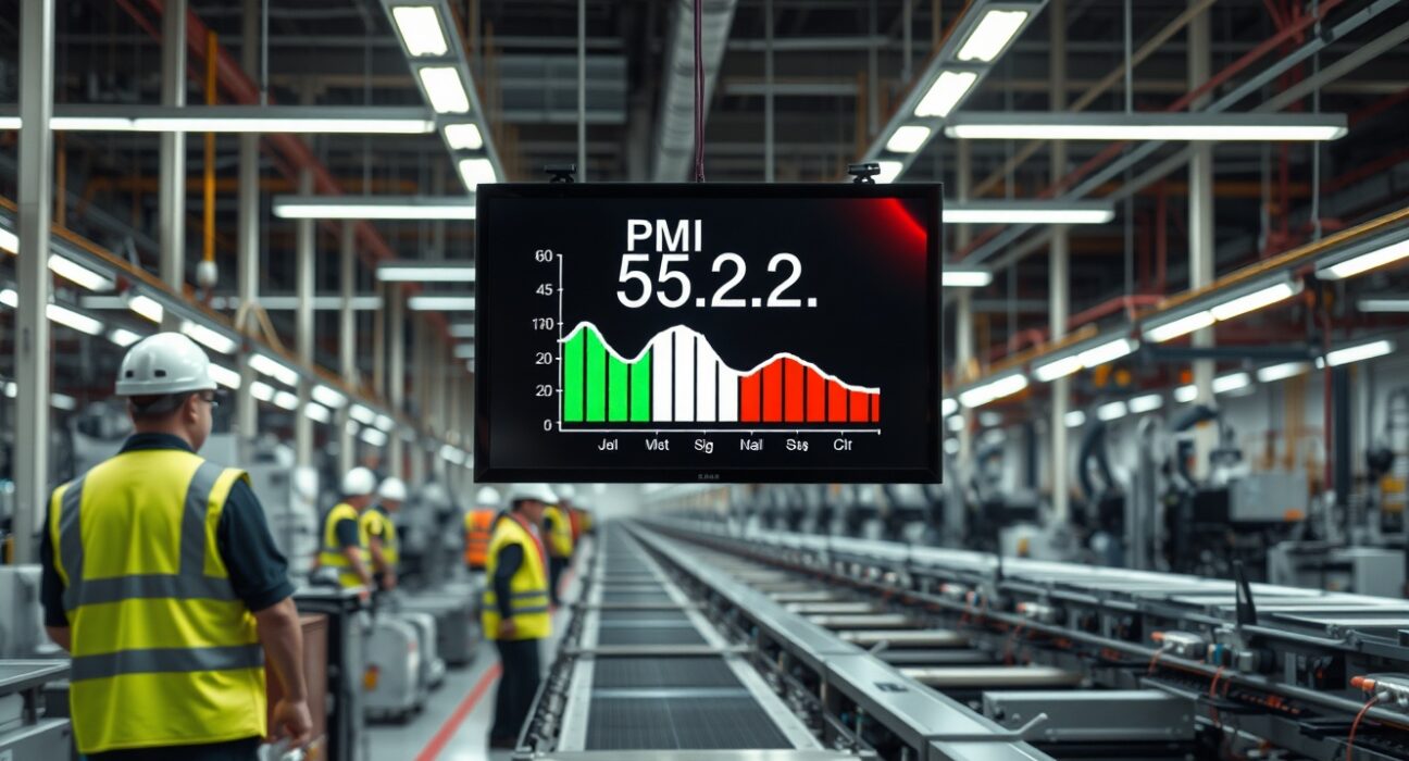 Interior of an Italian factory with a digital display showing a PMI reading of 52.2