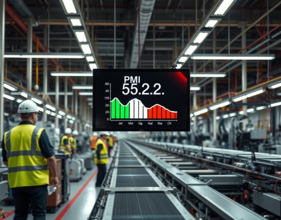 Interior of an Italian factory with a digital display showing a PMI reading of 52.2