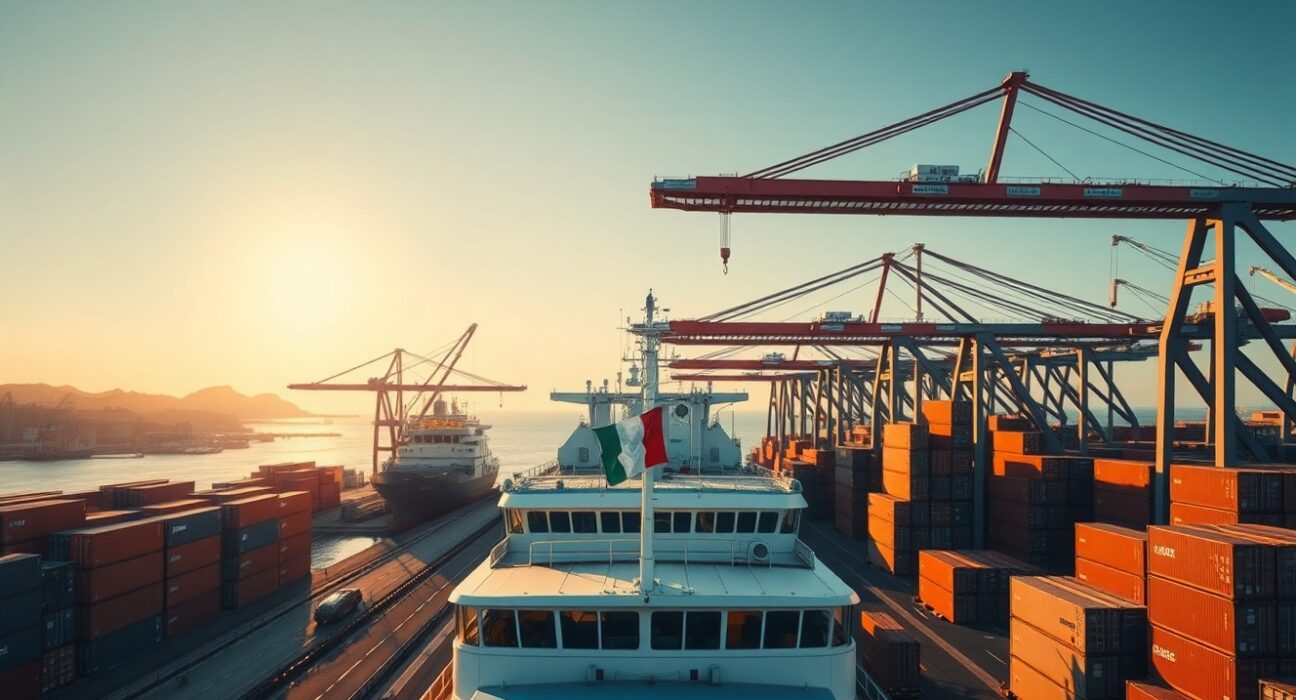 Busy Italian commercial port with cargo ships and containers at sunset