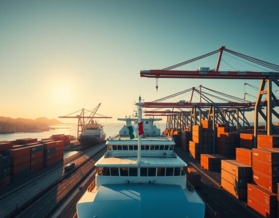 Busy Italian commercial port with cargo ships and containers at sunset