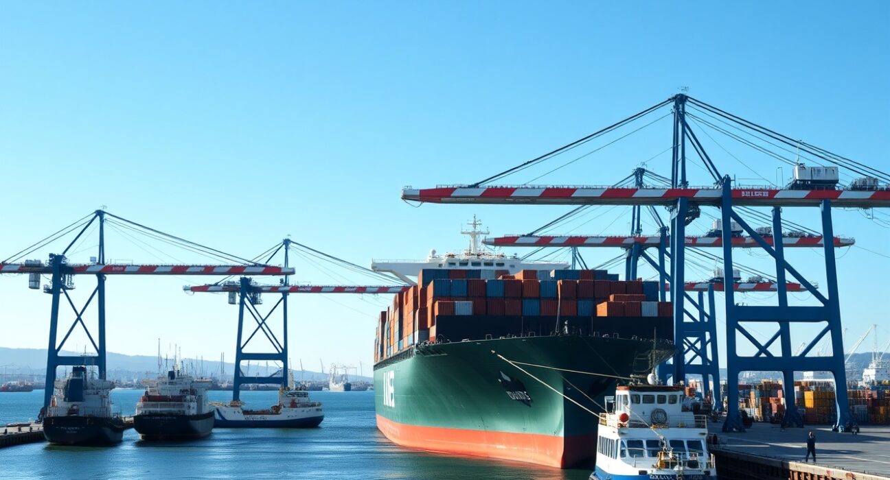 Busy Italian commercial port with container ship and cranes under a clear sky