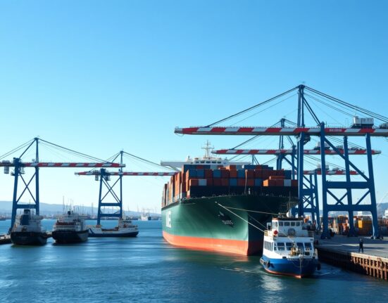 Busy Italian commercial port with container ship and cranes under a clear sky