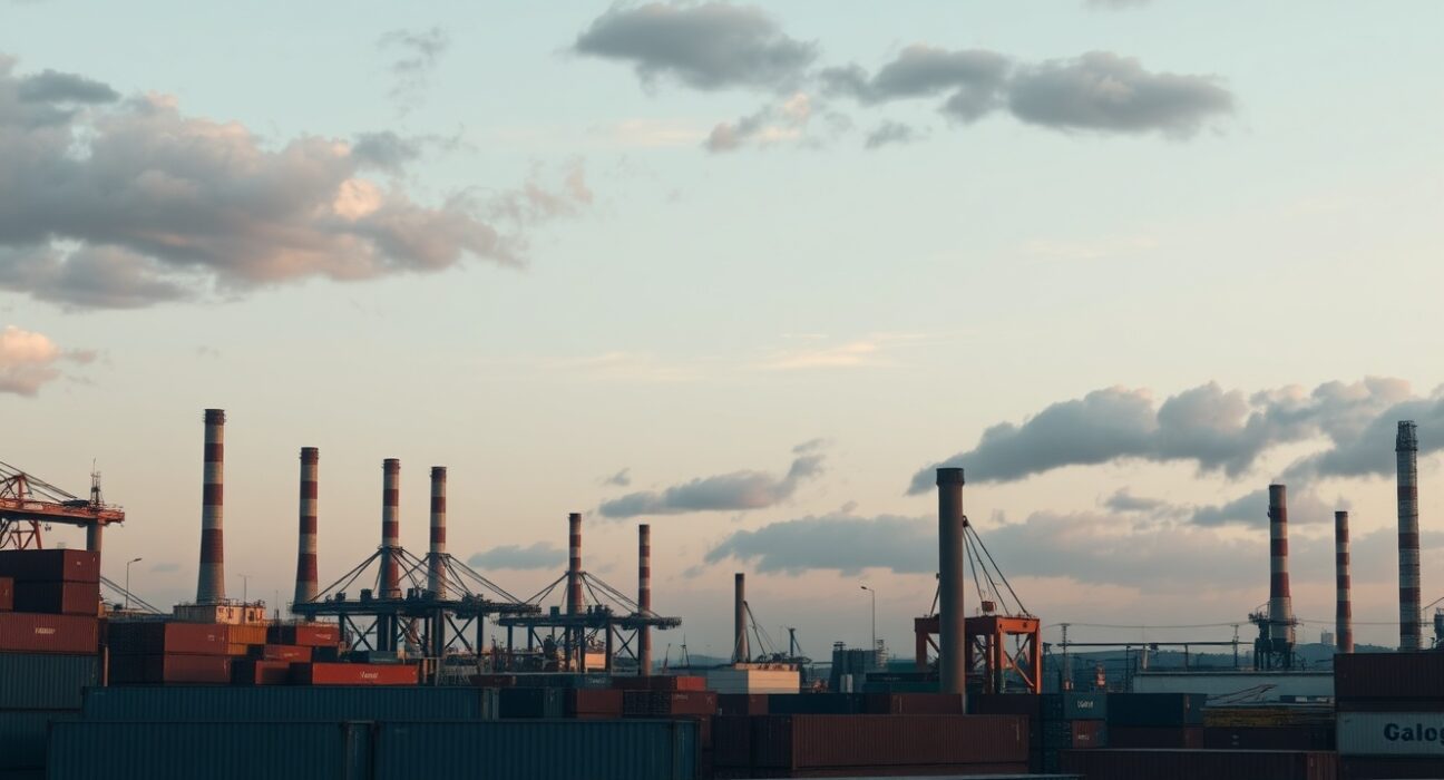 Italian industrial port and factory district at dusk, representing producer price trends.