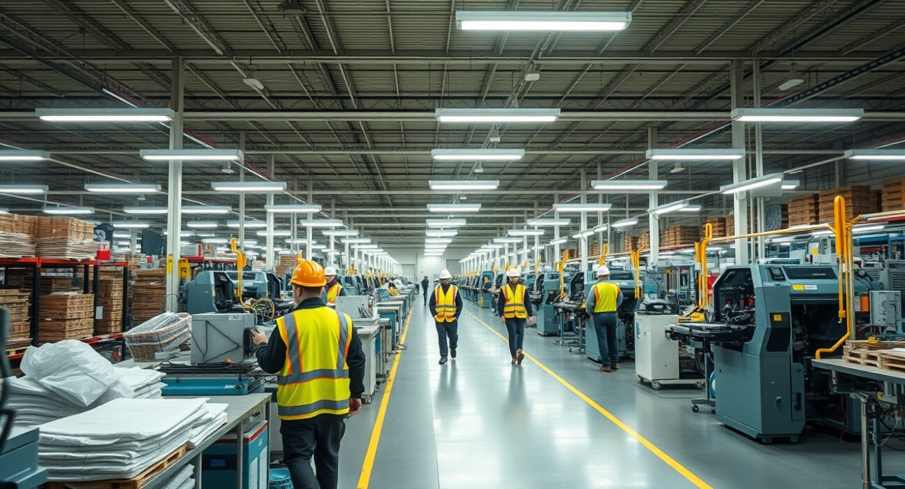 Interior of an Italian industrial manufacturing facility with workers and machinery