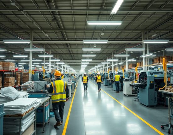 Interior of an Italian industrial manufacturing facility with workers and machinery