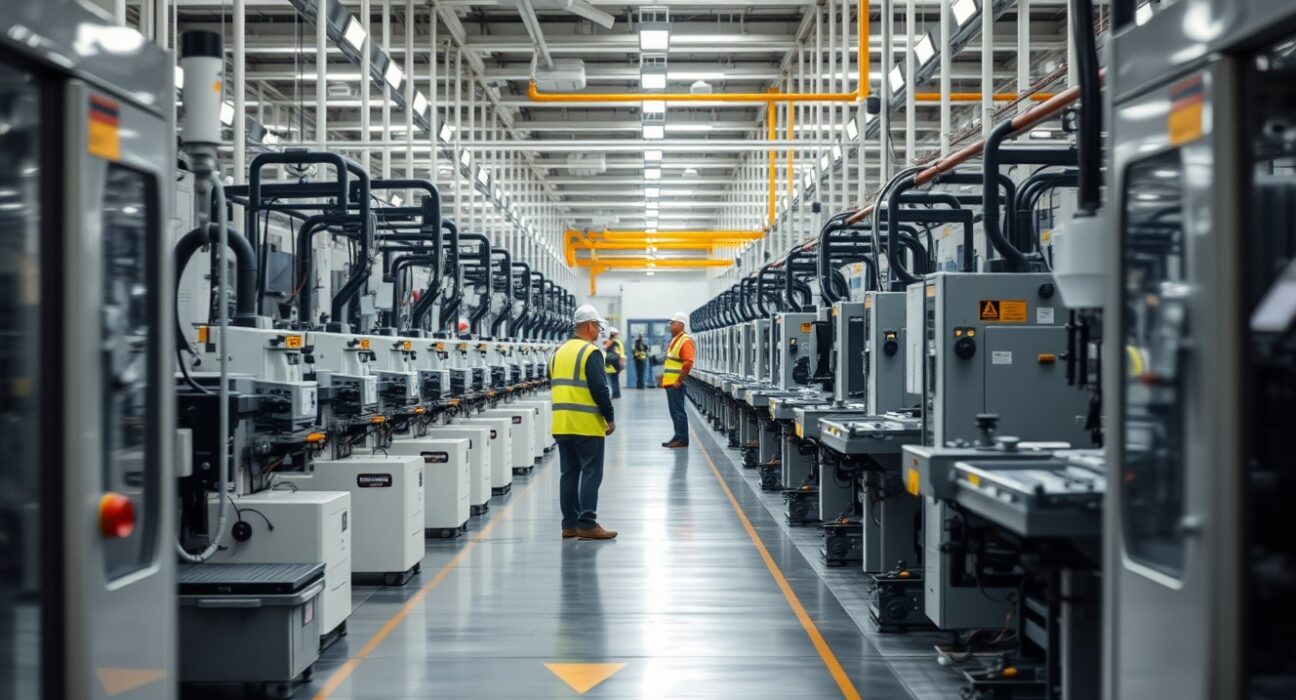 Interior of a modern Italian manufacturing plant with workers and industrial machinery