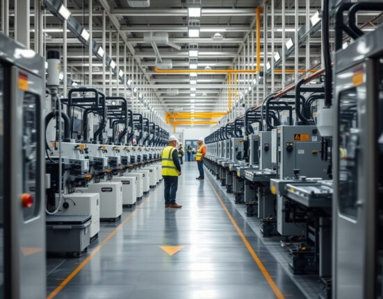 Interior of a modern Italian manufacturing plant with workers and industrial machinery