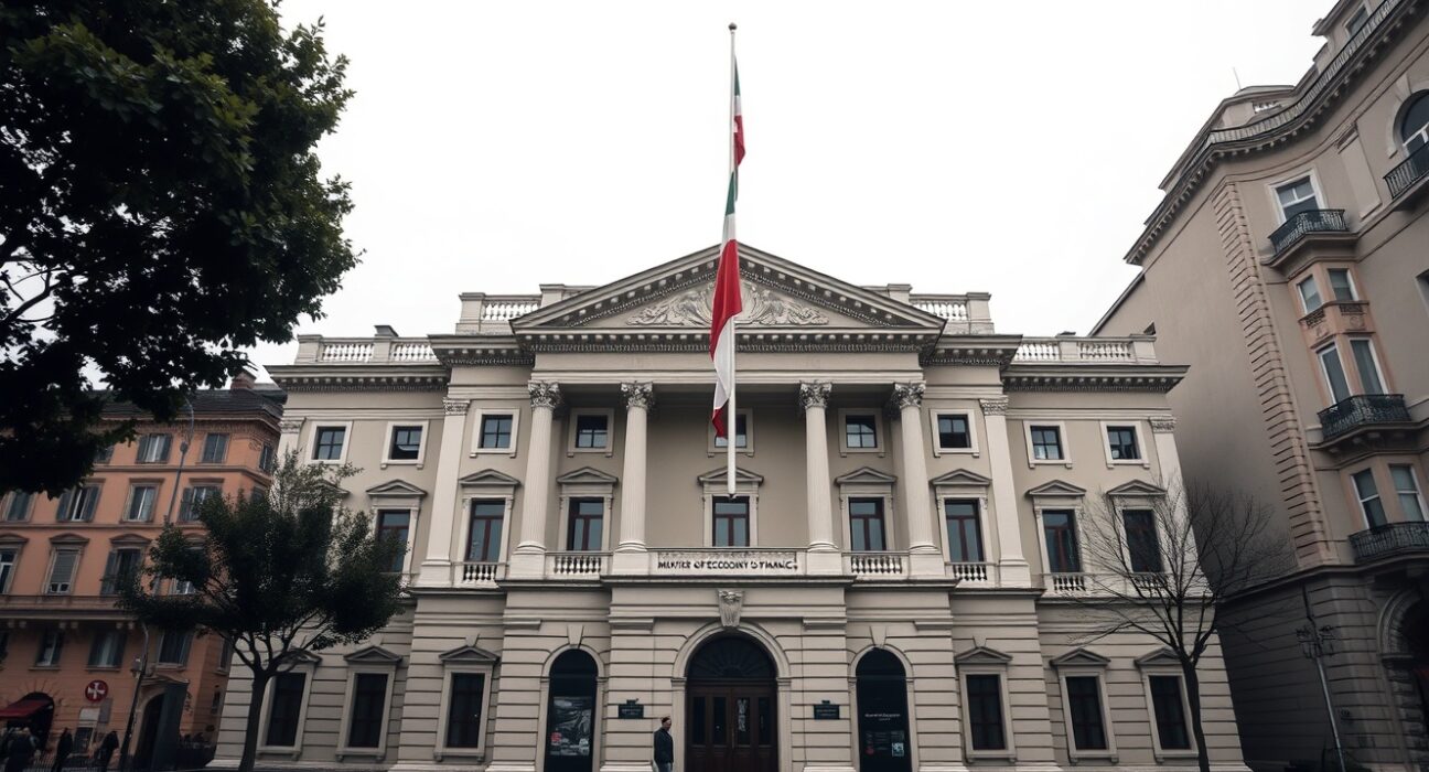 Italian Ministry of Economy and Finance building in Rome on a cloudy day.