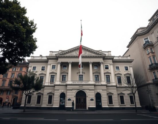 Italian Ministry of Economy and Finance building in Rome on a cloudy day.
