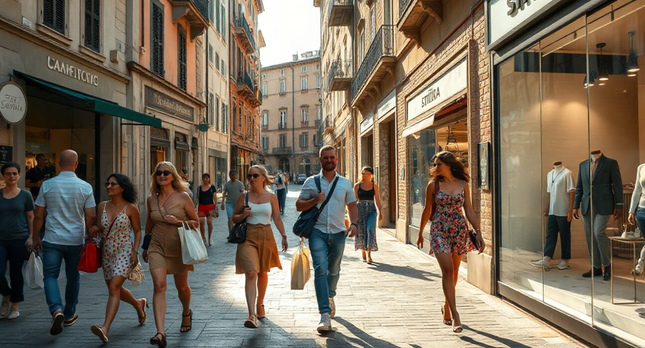 Shoppers on a busy Italian street with retail storefronts, reflecting strong consumer spending in June.