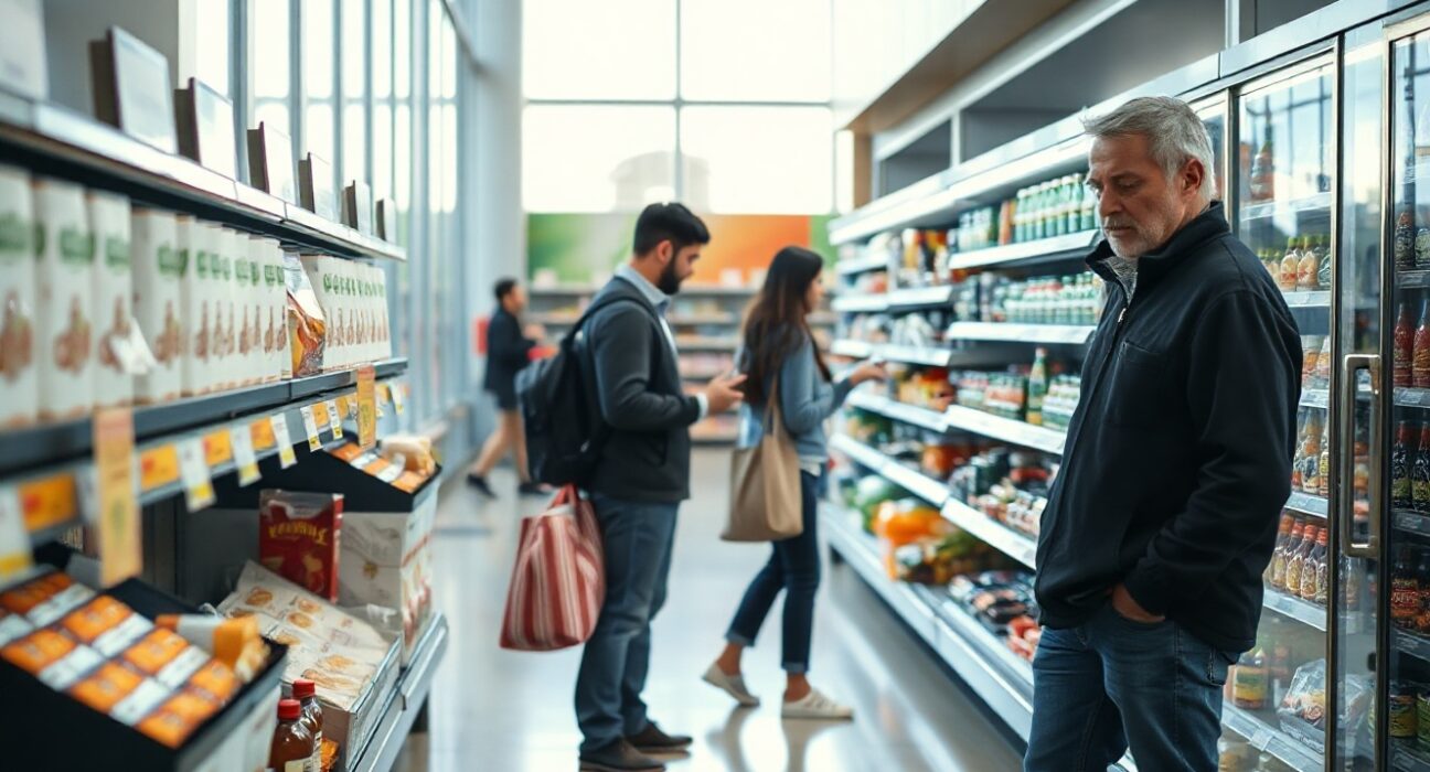 Shoppers in a modern Italian supermarket, reflecting June retail sales data.