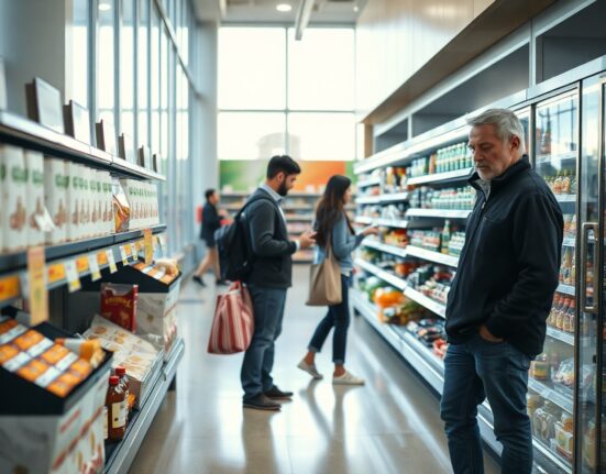 Shoppers in a modern Italian supermarket, reflecting June retail sales data.