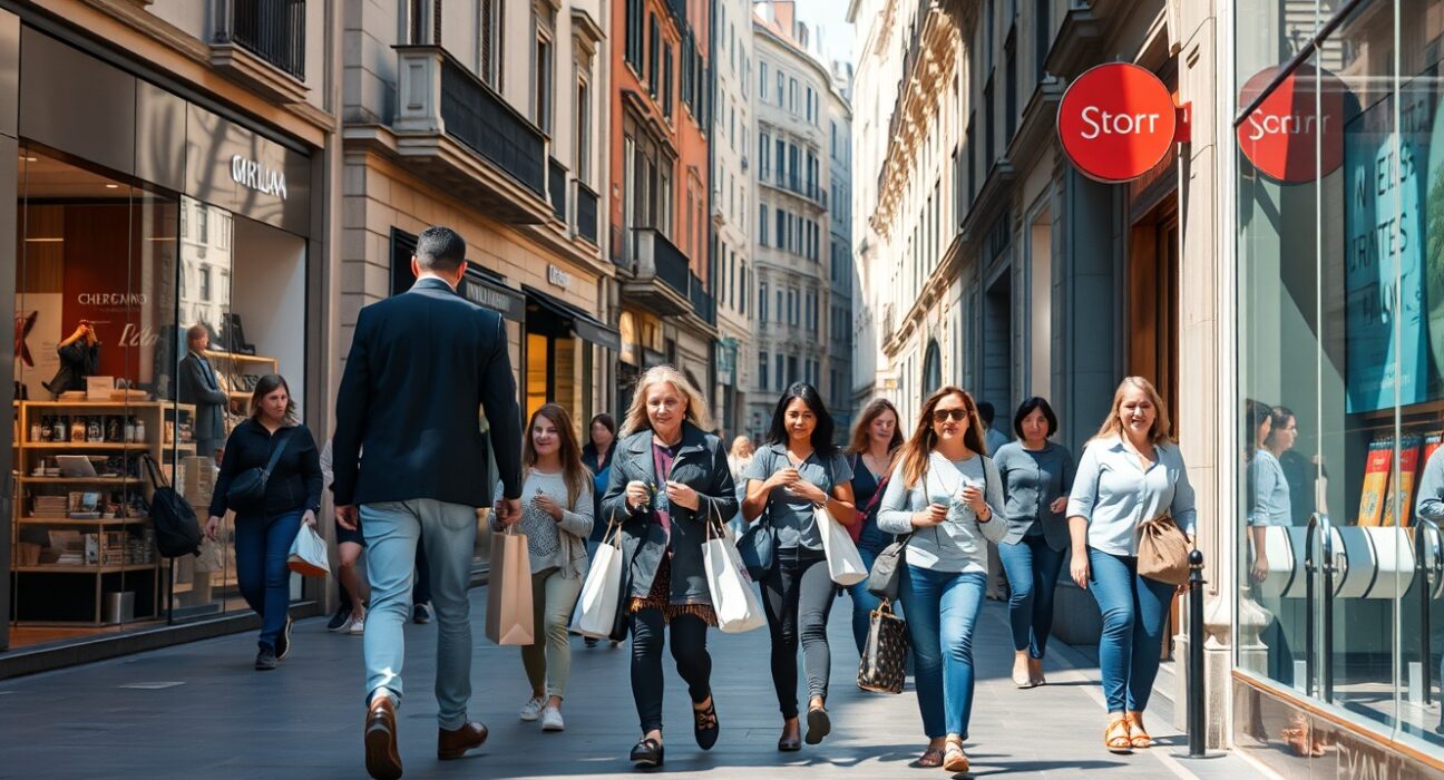 Shoppers on a busy street in Milan, Italy, reflecting positive retail sales data.