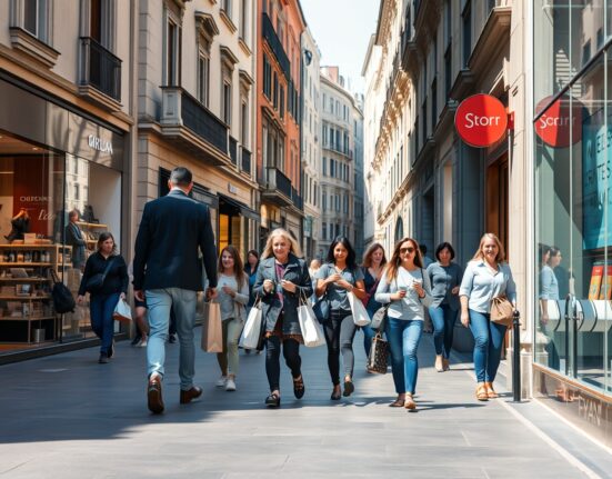 Shoppers on a busy street in Milan, Italy, reflecting positive retail sales data.