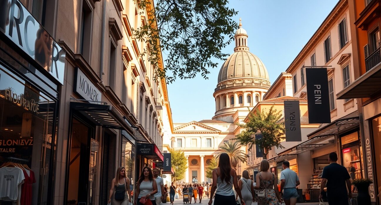 Shoppers on a sunny street in Rome, reflecting increased retail activity in Italy.