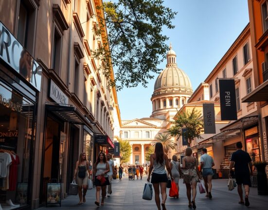 Shoppers on a sunny street in Rome, reflecting increased retail activity in Italy.