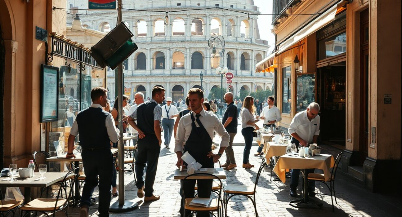 Italian café service in Rome with Colosseum in background, symbolizing services sector activity