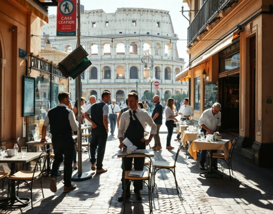 Italian café service in Rome with Colosseum in background, symbolizing services sector activity