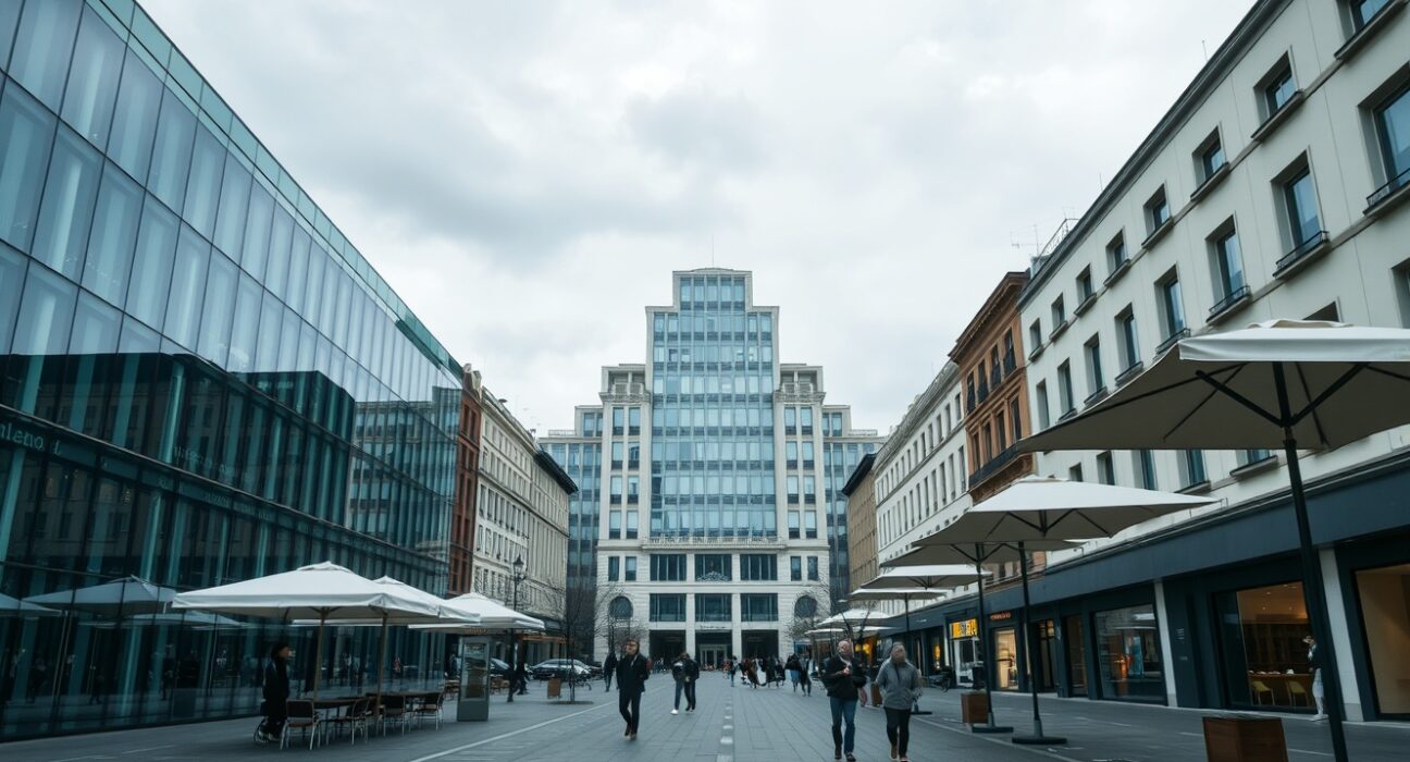 Quiet street in Milan's business district with overcast sky reflecting subdued economic activity.