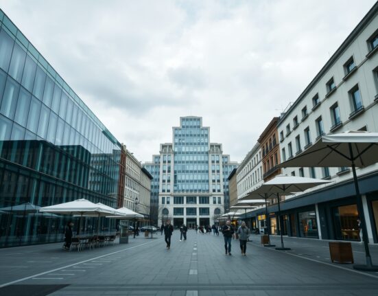 Quiet street in Milan's business district with overcast sky reflecting subdued economic activity.