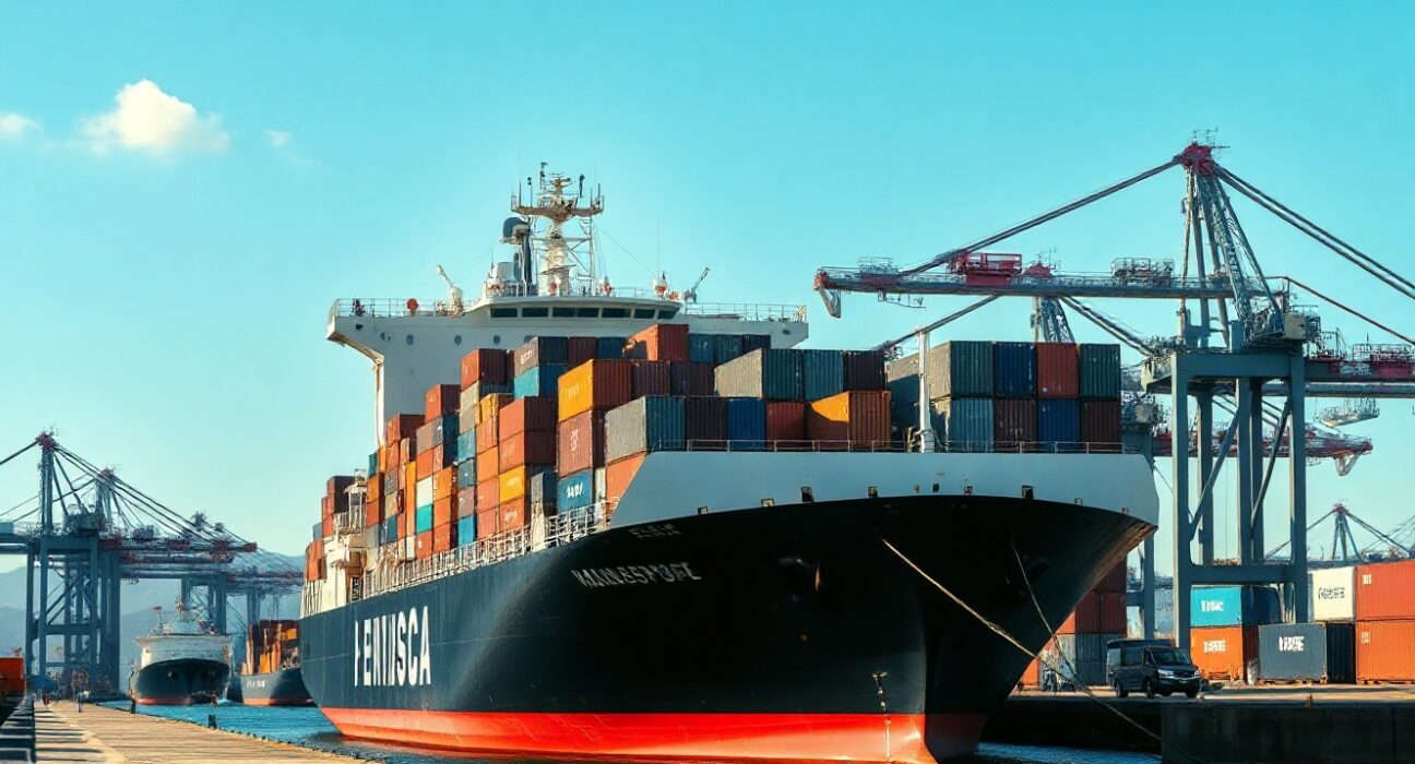 Port of Genoa with cargo ships and containers, representing Italy's trade activity.