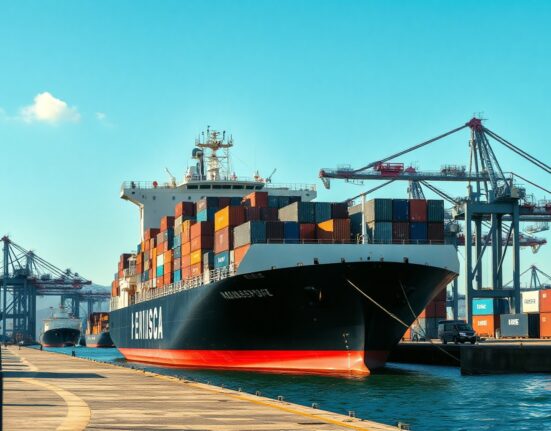 Port of Genoa with cargo ships and containers, representing Italy's trade activity.