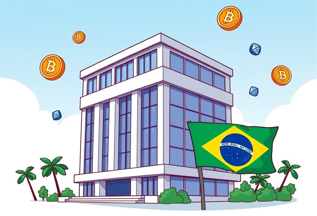 A cartoon illustration showing the significant impact of Itaú crypto division on the Brazilian financial landscape, symbolizing growth and innovation.