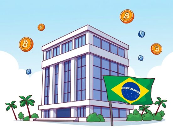 A cartoon illustration showing the significant impact of Itaú crypto division on the Brazilian financial landscape, symbolizing growth and innovation.