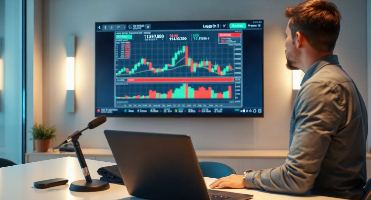 Professional presenter conducting a trading education webinar with charts on screen