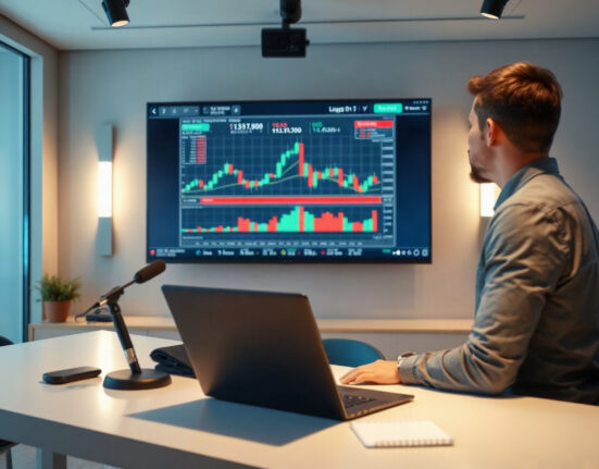 Professional presenter conducting a trading education webinar with charts on screen