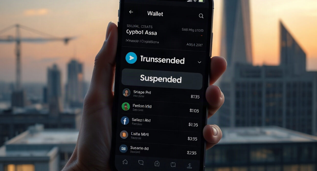 Crypto wallet app on smartphone showing suspended account status