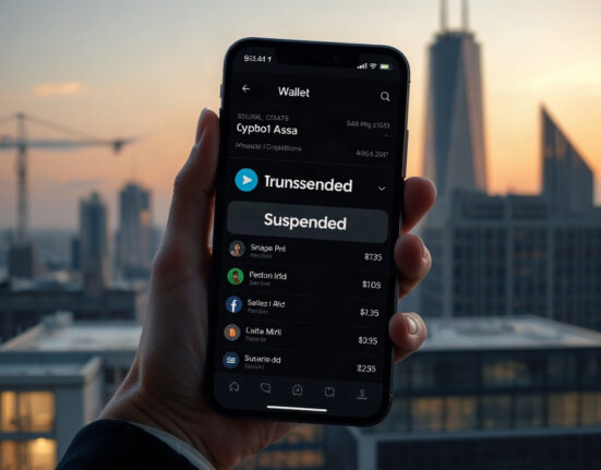 Crypto wallet app on smartphone showing suspended account status