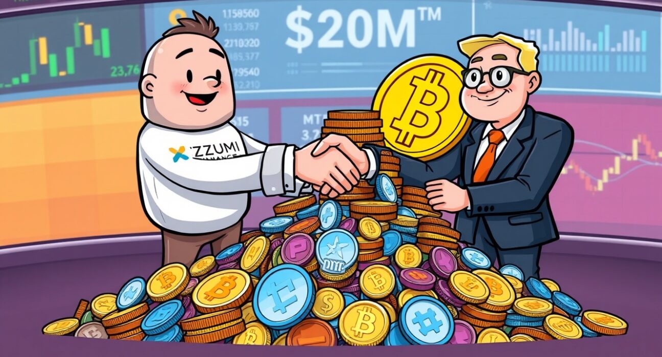 Cartoon illustrating iZUMi Finance launching a $20M iZUMi Finance crypto fund with CIMG, signifying a new era of DeFi investment strategies.